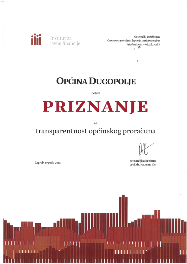 Općina Dugopolje dobila priznanje za transparetnost općinskog proračuna