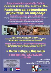 Plakat Radionica za potencijalne prijavitelje na natječaje za TO 6.2.1., 6.4.1 i natječaje za potpore u turizmu (Ministarstva turizma, SDŽ-e)