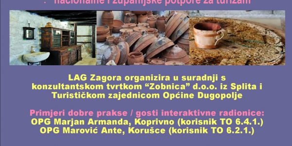 Plakat - Radionica za potencijalne prijavitelje na natječaje za TO 6.2.1., 6.4.1 i natječaje za potpore u turizmu (Ministarstva turizma, SDŽ-e)