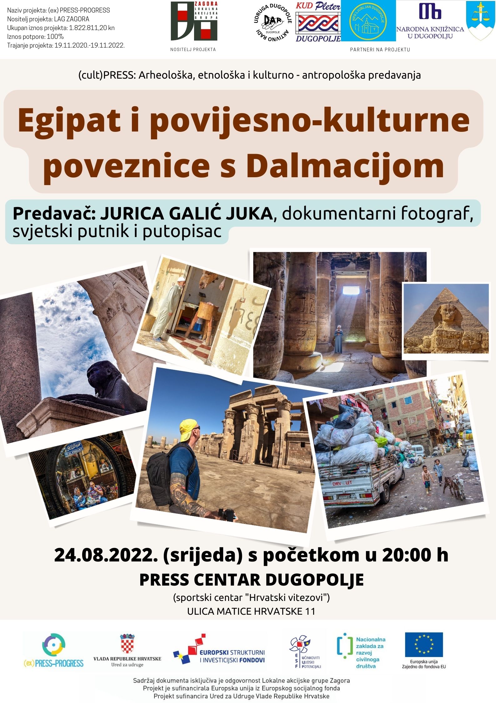 Plakat predavane svjetskog putnika Jurice Falića - Juke u Press centru u Dugopolju